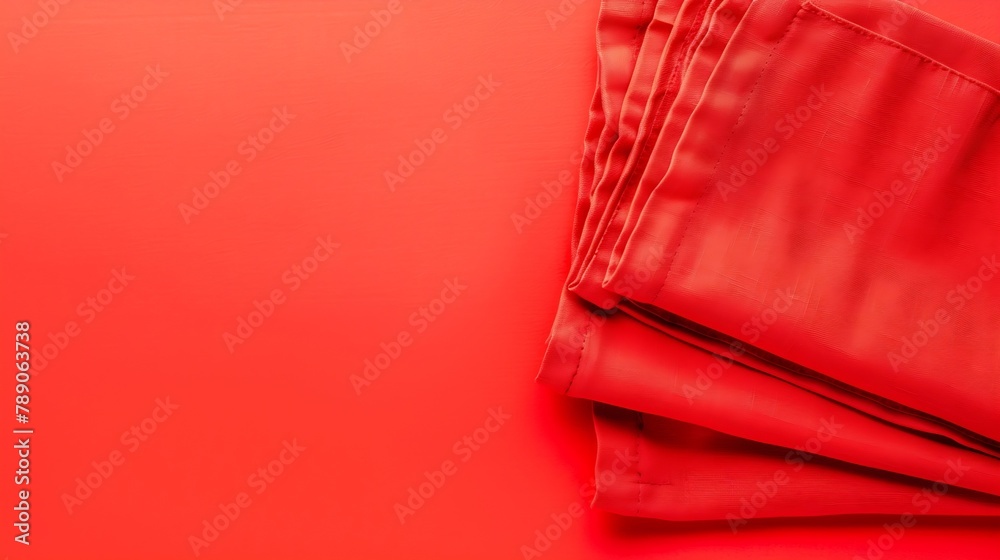 Poster top view with red empty kitchen napkin isolated on table background Folded cloth for mockup with copy space Flat lay Minimal style : Generative AI