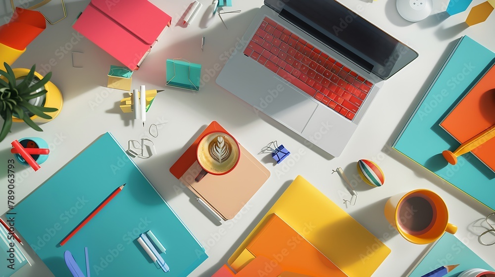 Poster office desk workspace with laptop coffee cup colorful clips and accessories flat lay top view : gene
