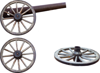 old cannon with wooden wheels trimmed with metal, an element of design or historical reconstruction, can be dated back to the 16th -19th centuries