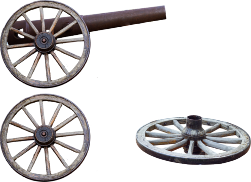 old cannon with wooden wheels trimmed with metal, an element of design or historical reconstruction, can be dated back to the 16th -19th centuries
