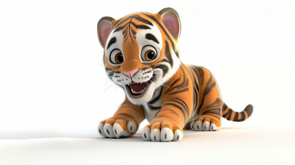 3d cartoon character happy baby tiger crouching on the ground isolated on white background