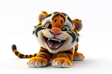 3d cartoon character happy baby tiger crouching on the ground isolated on white background
