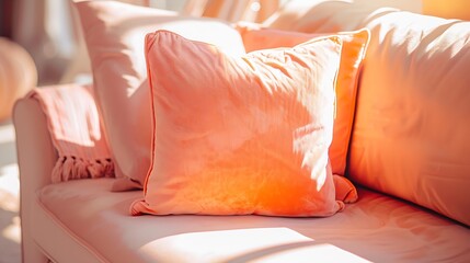 Close up light fabric sofa with warm cozy cushions with home interior background Image toned in trendy pantone color of year 2024 Peach Fuzz Orange pillow on sofa room decoration backg : Generative AI
