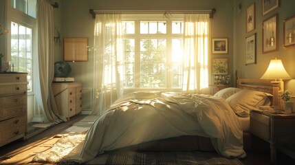 A cozy bedroom bathed in soft morning light, inviting relaxation and tranquility for a peaceful start to the day.