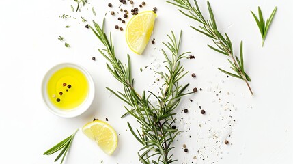 Bunch of green fresh rosemary with pepper salt lemon and oil on the light white background Herbs and spices for recipes Top view with copy space : Generative AI
