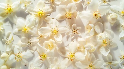 Fototapeta na wymiar Jasmine flowers pattern top view flat lay Composition of jasmine flowers Holiday and summer concept : Generative AI