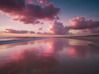 Fototapeta na wymiar pink sandy beach at sunset with beautiful waves reflected by clouds AI generated