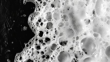 Soap foam texture. Monochrome image showing the intricate patterns of bubbles and foam spread on a surface, suitable for background or abstract design elements.