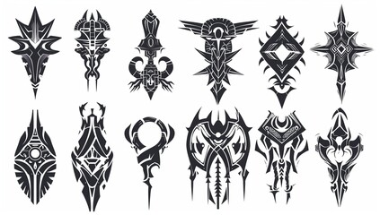 Tribal tattoo designs set. A collection of symmetrical black ink tribal patterns suitable for tattoos, decals, or graphic design. - obrazy, fototapety, plakaty