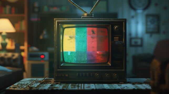 Vintage TV with signal failure. An old-fashioned television set displaying a colorful test card in a nostalgic room, evoking retro technology themes.