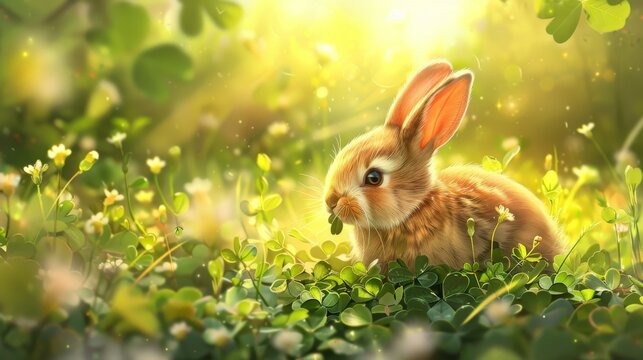 A cute bunny nibbling on fresh clover amidst a sun-dappled meadow, showcasing the peaceful and idyllic lifestyle of rabbits in the wild.