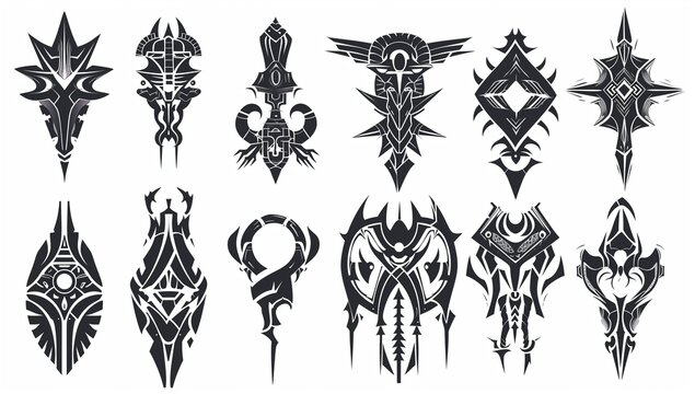 Tribal tattoo designs set. A collection of symmetrical black ink tribal patterns suitable for tattoos, decals, or graphic design.
