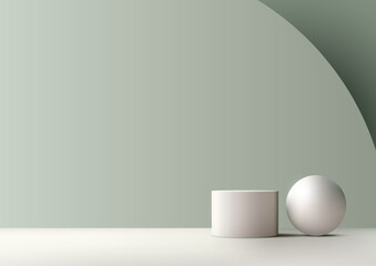 3D realistic white color podium decoration with white ball on the white color floor and green wall background