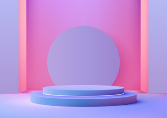 3D round blue podium with a circle backdrop in a colorful room, Modern style, Product display, Mockup, Showcase presentation - 789064719
