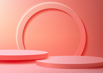 3D pink podium with a circular cutout behind it on a pink background in minimalist scene