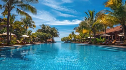 Luxurious swimming pool at a tropical resort with palm trees, sun loungers and clear blue sky.