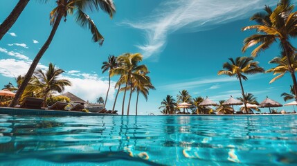 Fototapeta na wymiar Luxurious swimming pool at a tropical resort with palm trees, sun loungers and clear blue sky.