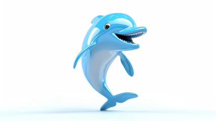 3D render of a cute cartoon smiling blue dolphin jumping isolated on white background