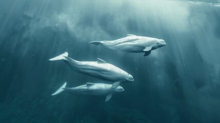 A family of beluga whales swimming gracefully in an arctic sea, their pure white bodies contrasting beautifully against the icy blue waters of their natural habitat.