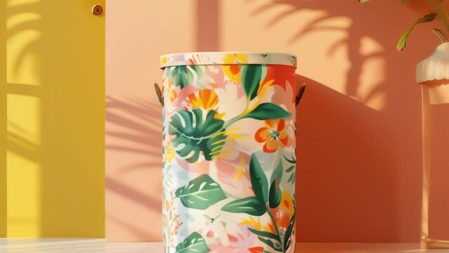 a collapsible laundry hamper with a fun and vibrant pattern .