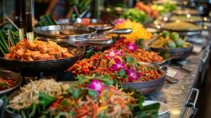 A festive Thai food buffet featuring a colorful array of dishes, from spicy curries and grilled meats to refreshing salads and tangy dipping sauces, celebrating the diversity of Thai cuisine.