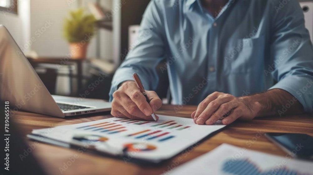 Poster A financial planner discussing investment strategies and portfolio diversification with a client, using visual aids such as graphs and diagrams to illustrate concepts.