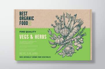 Organic Vegetables Vector Packaging Label Design on a Craft Cardboard Box Container Modern Typography and Hand Drawn Herbs, Seasonings, Mushrooms and Vegetables Background Layout