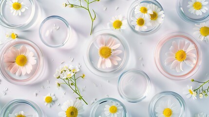 Petri dishes with chamomile flowers and cosmetic product on white background top view : Generative AI