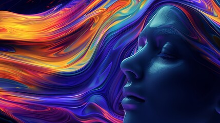 Surreal portrait of a young woman amidst vibrant abstract colors