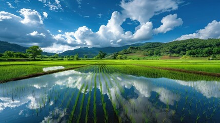 Vast and stunning green crop fields sprawl across the landscape accompanied by majestic hills and lush towering trees The paddy fields brim with crystal clear water mirroring the sky and flu