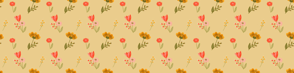 Spring floral pattern on yellow background. Vector set of spring flowers for your design. Vector EPS 10