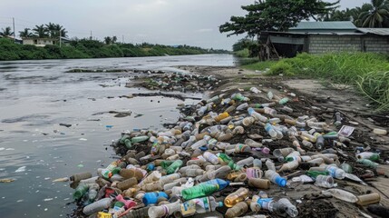 A garbage-filled river flowing into the sea, with plastic bottles and other debris polluting the coastal waters and threatening marine life and ecosystems.