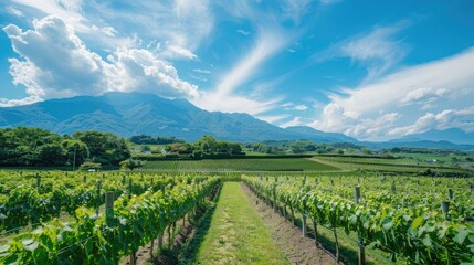 Fototapeta premium White grapes cultivated in summer vineyard