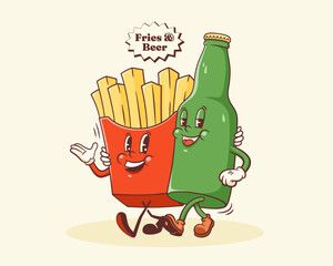 Groovy French Fries and Beer Retro Characters Label. Cartoon Potato and Bottle Walking Smiling Vector Food Mascot Template. Happy Vintage Cool Fast Food Illustration with Typography Isolated