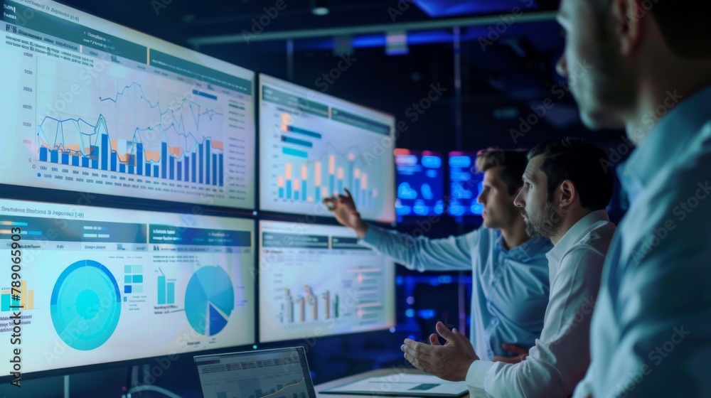 Aufkleber A group of business professionals discussing business performance metrics and data trends on a large monitor in a conference room.
