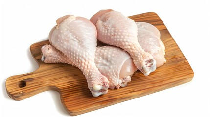 Raw chicken legs on a wooden cutting board isolated on white background Top view flat lay close up : Generative AI
