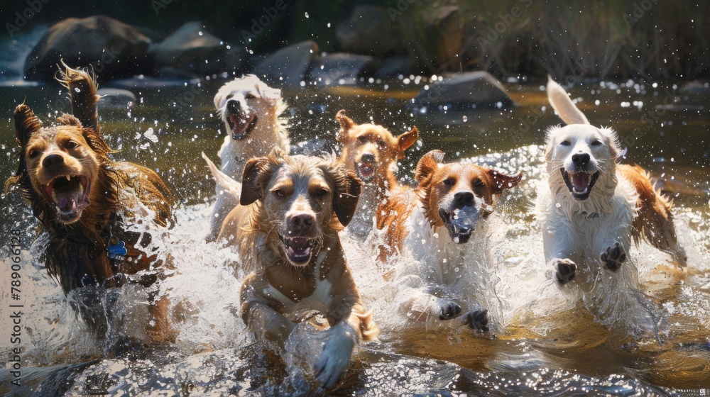 Poster A group of dogs joyfully bounding into a shallow river, their playful antics creating splashes and ripples as they dive in headfirst and paddle around together,