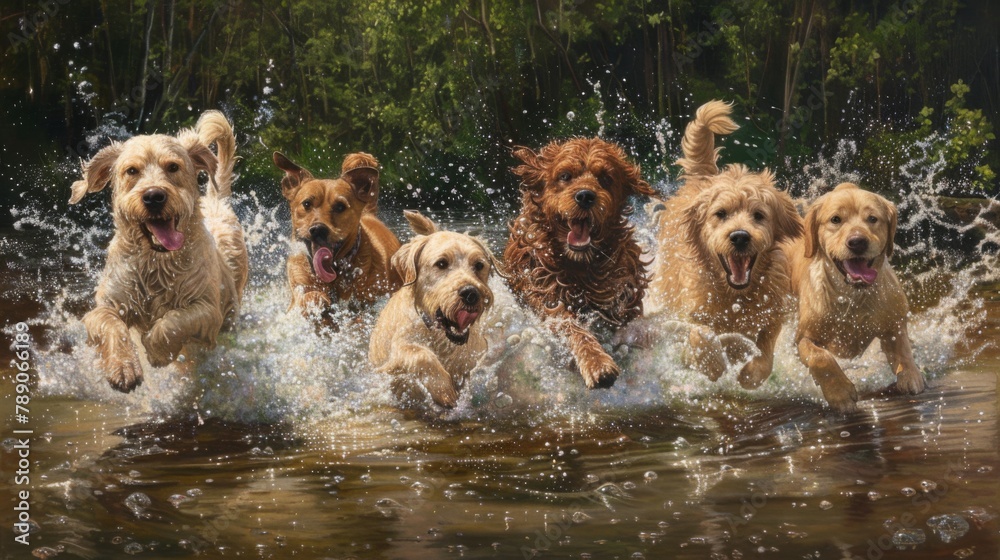 Poster A group of dogs joyfully bounding into a shallow river, their playful antics creating splashes and ripples as they dive in headfirst and paddle around together,