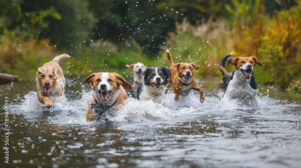 Poster A group of dogs joyfully bounding into a shallow river, their playful antics creating splashes and ripples as they dive in headfirst and paddle around together,