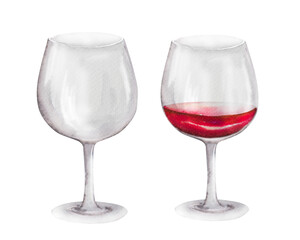 Hand drawn watercolor illustration. Wine glasses, with red and white wine.