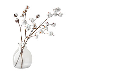 Home decor and vase with cotton branches on table against white background  