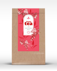 Craft Paper Bag with Fruit and Berries Tea Label. Realistic Vector Pouch Packaging Design Layout. Modern Typography, Hand Drawn Red Ribes and Leaves Silhouettes Background Mockup Isolated