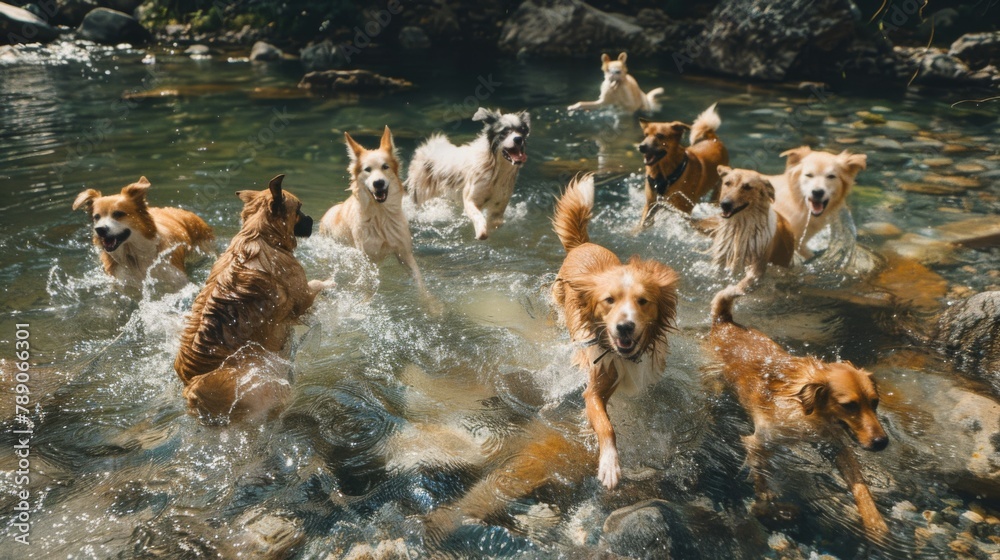 Poster a group of dogs romping and frolicking in a shallow stream, their tails wagging as they chase each o