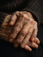 Fototapeta premium Old hands clasped in care, weathered yet gentle, tell stories of a lifetime's touch, Ai generate
