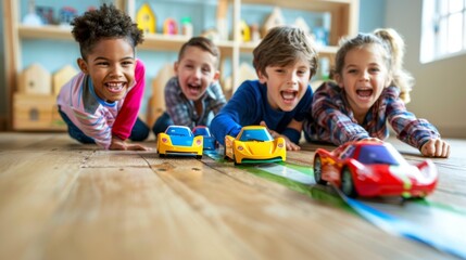 A group of kids racing toy cars down a homemade ramp, competing with laughter and excitement in a friendly game of speed and skill.