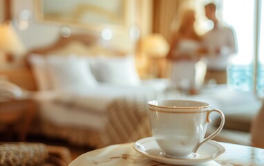 Obraz premium Couple Relaxing with Hotel Room Service - Travel Experience, Intimate Vacation, Luxury Hotel Stay.