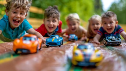 A group of kids racing toy cars down a homemade ramp, competing with laughter and excitement in a friendly game of speed and skill. - obrazy, fototapety, plakaty