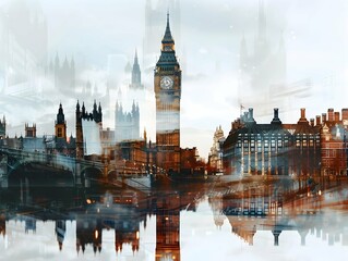 Big Ben and Houses of Parliament in London, UK. Double exposure - obrazy, fototapety, plakaty