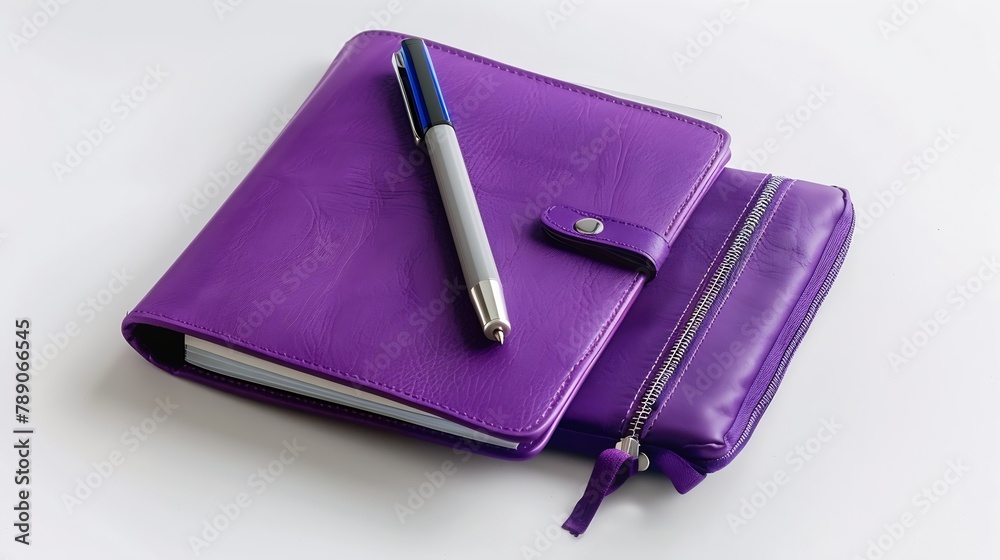 Poster Purple notebook with pencil case pen and marker isolated on white background : Generative AI
