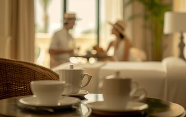 Fototapeta premium Couple Relaxing with Hotel Room Service - Travel Experience, Intimate Vacation, Luxury Hotel Stay.